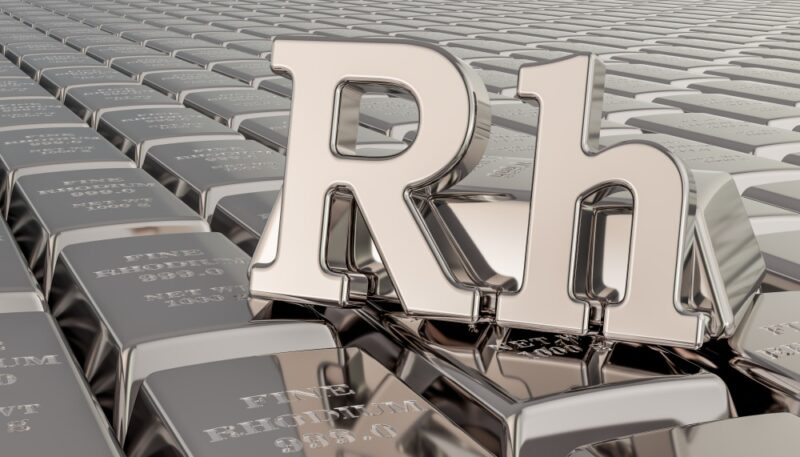 3D rendering of Rhodium bars with the Rh symbol.